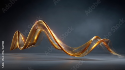 Abstract flowing wave of golden light creating an ethereal atmosphere with soft curves and dynamic motion in a dark background