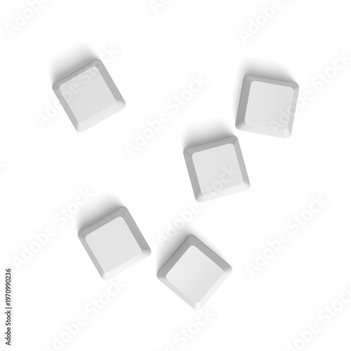 Five white keyboard keys isolated on white background. Copy space. Button. Blank. 3d illustration.