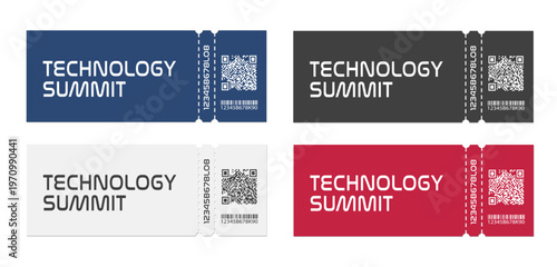 Technology Summit event ticket templates with QR codes, set of 4 modern conference admission passes, professional seminar entry vouchers in vector format