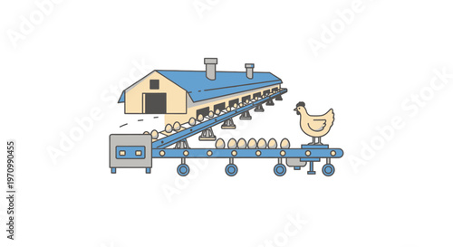 Chicken on conveyor belt with eggs.
