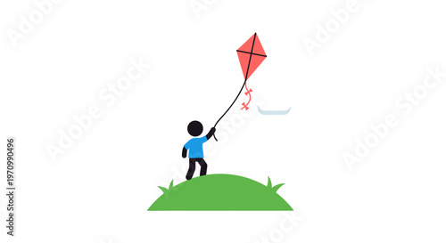 Child flying red kite outdoors.