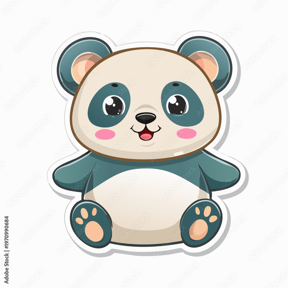Naklejka premium A cute cartoon panda sticker with a happy expression sitting on a white background with a playful mood.