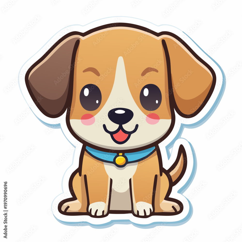 Fototapeta premium A cute cartoon dog with a blue collar and yellow tag sitting on a white background with a cheerful expression.