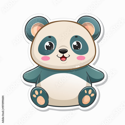 A cute cartoon panda sticker with a happy expression sitting on a white background with a playful mood.