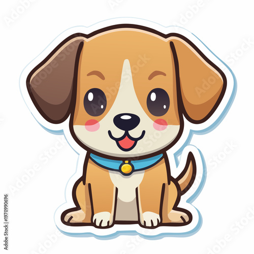 A cute cartoon dog with a blue collar and yellow tag sitting on a white background with a cheerful expression.