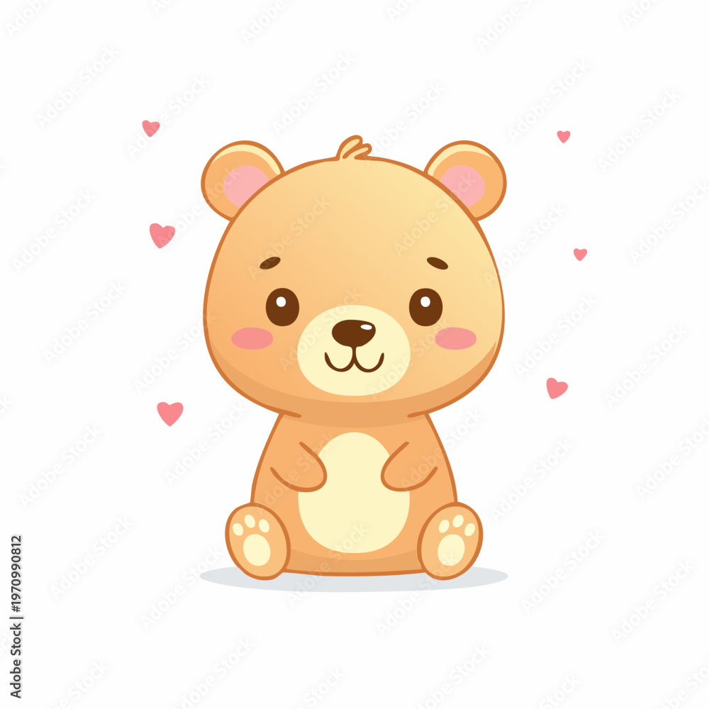 Obraz premium Cute cartoon teddy bear sitting with hearts around it on a white background, conveying a sweet and playful mood.