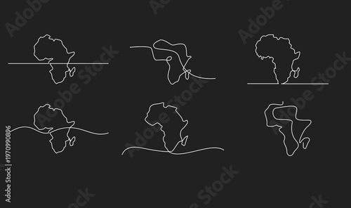 Set of Minimalist Continuous Line Art Illustrations of the African Continent Map