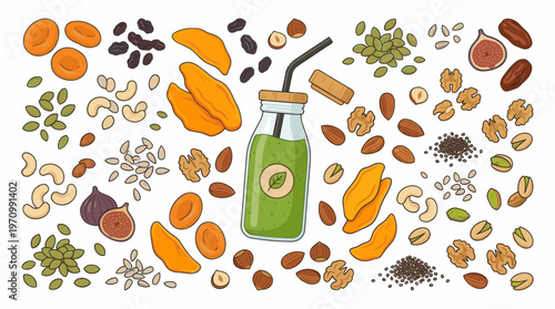 A vibrant, hand-drawn illustration of a green smoothie in a glass bottle surrounded by an assortment of healthy ingredients like nuts, dried fruits, and seeds.