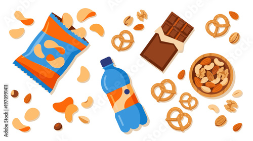 A flat lay illustration features an assortment of popular snack items including potato chips, chocolate bar, pretzels, nuts and a bottle of drink on a white background.