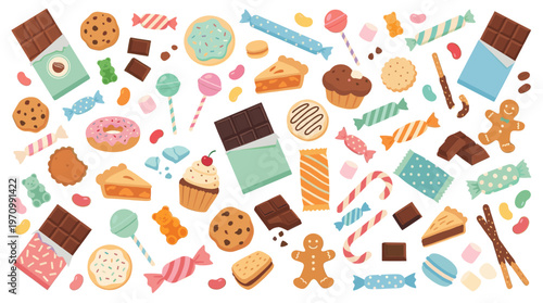 A vibrant and playful collection of various candies, cookies, chocolates, cupcakes, and pies artfully arranged on a white background.
