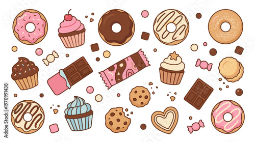 A colorful and playful illustration featuring a variety of sweet treats like donuts, cupcakes, cookies, and chocolates scattered on a white background.