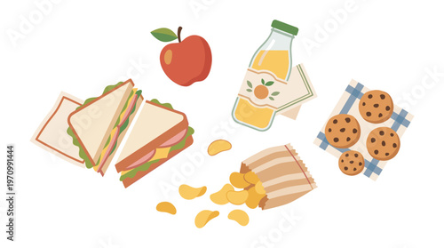 A collection of illustrations featuring sandwiches, apple, juice bottle, cookies, and potato chips arranged on a white background, perfect for food concepts.