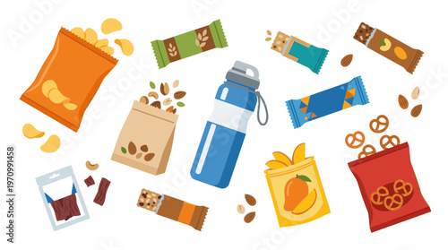 A vibrant flat lay illustration features a variety of individual snack items and a reusable water bottle scattered across a white background, perfect for health and lifestyle themes.