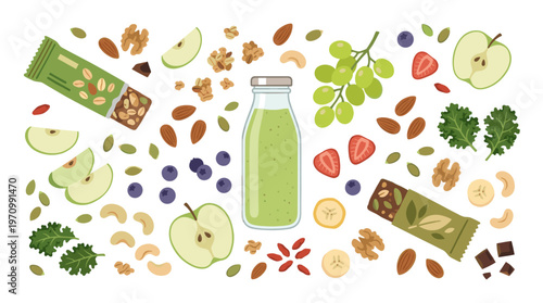 A vibrant flat lay illustration featuring a green smoothie in a bottle surrounded by various healthy snack ingredients like fruits, nuts, seeds, and granola bars on a white background.