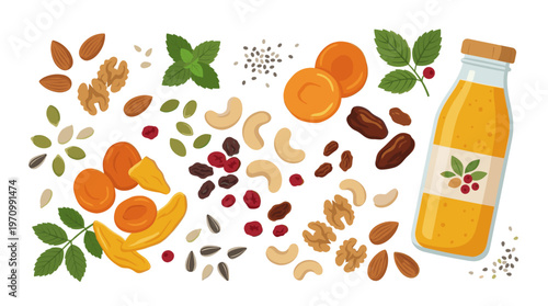 This flat illustration showcases a vibrant assortment of healthy foods including nuts dried fruits and a refreshing beverage in a glass bottle perfect for promoting wellness and natural eating.
