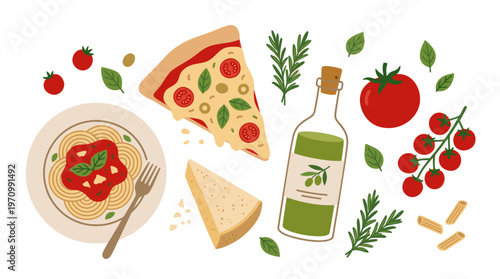 A vibrant, flat vector illustration of classic Italian food ingredients including spaghetti, pizza, tomatoes, basil, rosemary, olive oil, and parmesan cheese on a white background.