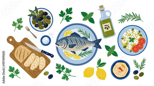 A colorful flat lay illustration of Mediterranean food items including fish, olives, lemons, bread, hummus, and feta cheese.