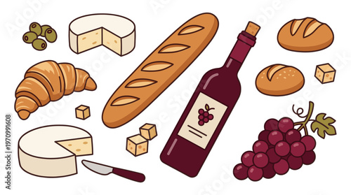 A delightful cartoon illustration of a picnic spread featuring cheese, bread, wine, olives, grapes, and a croissant, perfect for culinary themes.