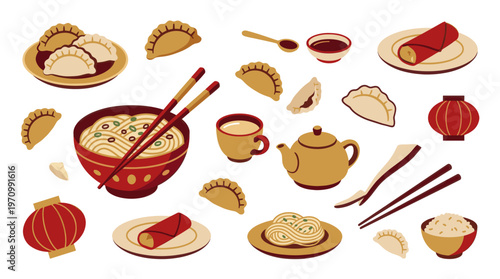 A colorful collection of flat design icons featuring Asian cuisine elements like dumplings, noodles, rice, spring rolls, teapots, and lanterns.