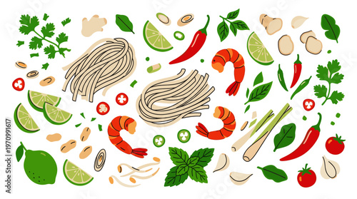 A vibrant flat design illustration showcases a delightful assortment of Asian cuisine ingredients arranged as a pattern, perfect for culinary themes.