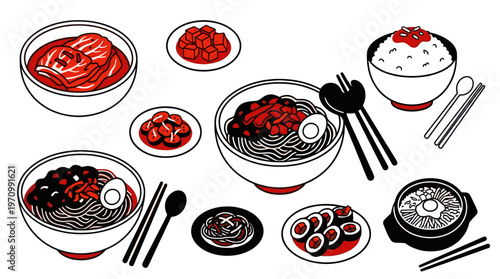 A collection of stylized Korean food icons including kimchi, ramen, bibimbap, and kimbap, presented in a clean, graphic style with red, white, and black colors.