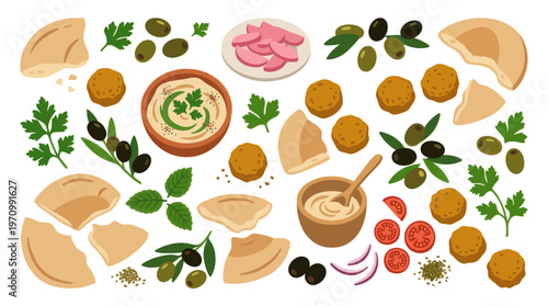 A colorful flat lay illustration featuring various ingredients for Middle Eastern cuisine including falafel, pita bread, hummus, olives, and parsley.