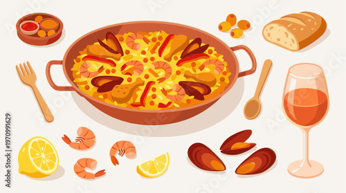 A vibrant isometric illustration depicts a full paella meal with ingredients like shrimp, mussels, lemon, olives, bread, and a glass of wine.