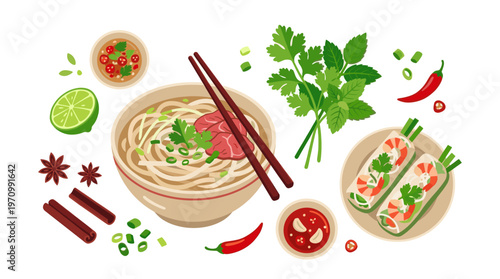 A vibrant flat illustration featuring a bowl of pho soup with noodles, beef, and herbs, accompanied by fresh ingredients like lime, chilies, and spring rolls.