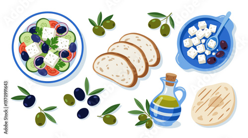 A vibrant flat lay illustration depicts Greek food ingredients like feta cheese, olives, tomatoes, cucumbers, olive oil, and bread with a white background.