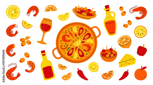 A vibrant collection of hand-drawn Spanish food elements including paella, shrimp, lemons, oranges, olives, peppers, wine, and oil, perfect for culinary or travel themes.
