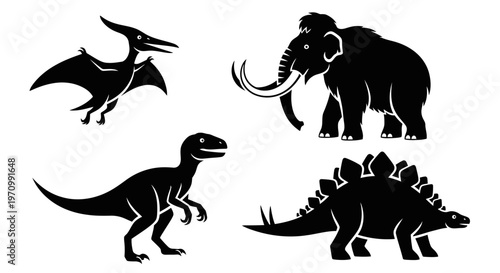 Prehistoric Animal Silhouettes: Dinosaur, Mammoth, Pterodactyl, and Stegosaurus Icons