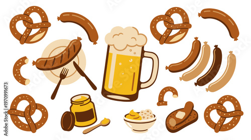 A festive collection of flat design illustrations featuring pretzels, sausages, mustard, and a frothy beer mug, perfect for Oktoberfest or Bavarian themes.