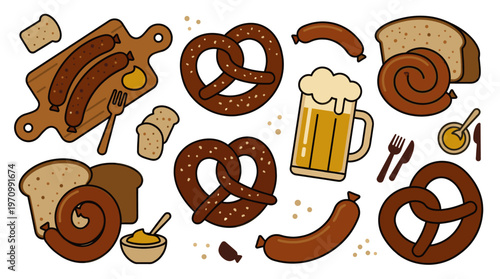 A festive, cartoonish illustration featuring classic German food items like pretzels, sausages, bread, mustard, and a mug of beer, perfect for Oktoberfest or any Bavarian celebration.