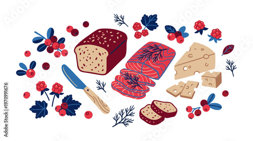 A delightful flat lay illustration featuring sliced salmon, rustic bread, cheese cubes, and fresh berries, perfect for food-related concepts.