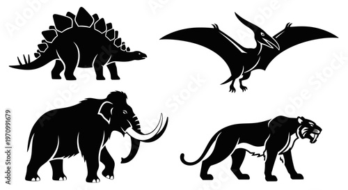 Prehistoric Animal Silhouettes: Dinosaur, Mammoth, Pterodactyl, and Saber-toothed Tiger Icons