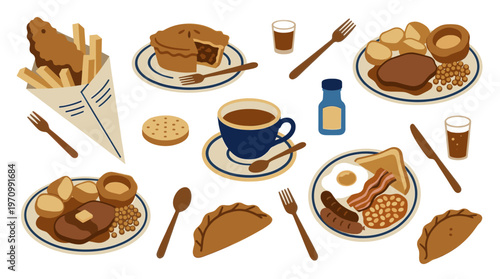 A charming flat illustration of classic British meals including fish and chips, pies, full English breakfast, and roast dinner, set against a white background.
