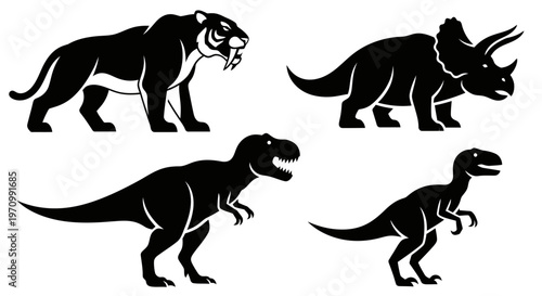 Prehistoric Animal Silhouettes: Dinosaur and Saber-Toothed Tiger Icons