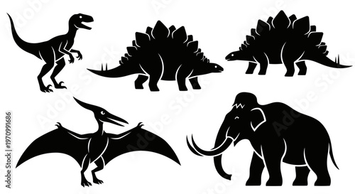 Prehistoric Animal Silhouettes Set - Dinosaurs, Mammoth, and Pterodactyl Collection