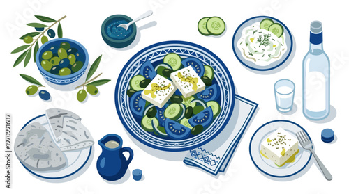 A vibrant flat lay illustration showcases a traditional Greek meal, featuring a colorful Greek salad, olives, feta cheese, pita bread, and ouzo, set against a clean white background.