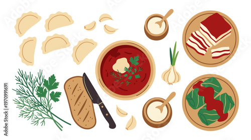 A charming flat illustration showcasing traditional Eastern European cuisine elements like borscht, pierogi, cabbage rolls, and bacon on a white background.