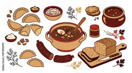 A flat illustration collection featuring traditional dishes like soup, dumplings, bread, sausage, and sides, perfect for food blogs and cultural projects.