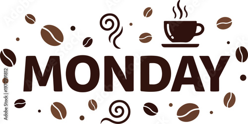 Start your week with an energizing coffee break on Monday. A delightful illustration featuring coffee beans and a steaming cup to brighten your morning routine