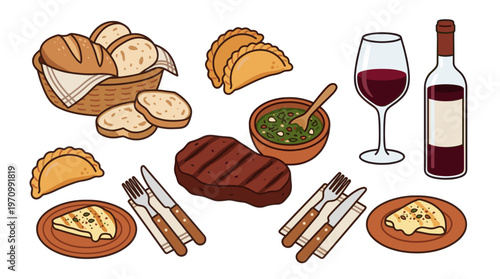 A charming cartoon illustration depicts a delicious meal including grilled steak, empanadas, bread basket, dipping sauce, and red wine.
