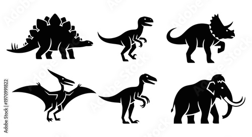 Prehistoric Animals Silhouettes Set - Dinosaurs and Woolly Mammoth Icons