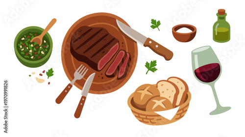 A flat lay illustration depicts a grilled steak on a wooden plate, served with chimichurri sauce, crusty bread, salt, olive oil, and a glass of red wine.