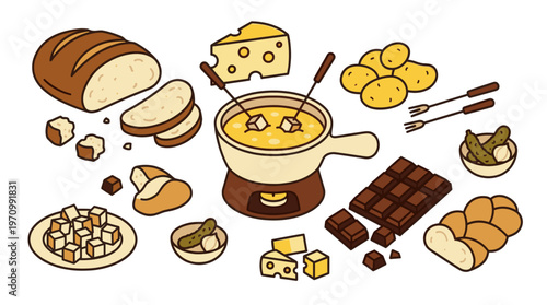 A charming flat illustration of a cheese fondue set with various accompaniments like bread, potatoes, pickles, and chocolate.