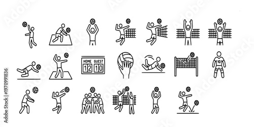 icon liner collection of volleyball players, equipment, and match elements including serving, spiking, blocking, nets, scoreboards, and team huddles for sports design.
