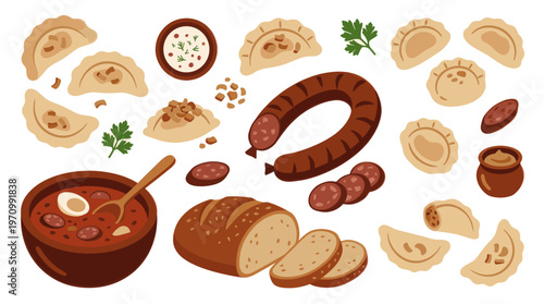 A charming flat illustration features a collection of traditional Polish foods including pierogi, kielbasa sausage, sliced bread, and a hearty bowl of soup.
