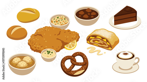 A flat design illustration of a collection of Austrian food items including schnitzel, strudel, pretzel, cake, coffee and more, suitable for menus or advertising.