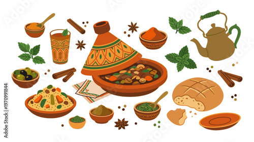 A vibrant, flat-lay illustration showcases a traditional Moroccan tagine, couscous, bread, olives, spices, herbs, tea, and cinnamon sticks, evoking a rich culinary experience.
